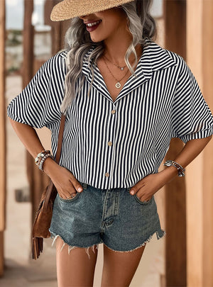 Striped Single-breasted Lapel Shirt Top