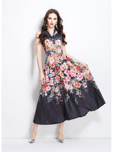 Sleeveless Silm Waist Button Printed Dress