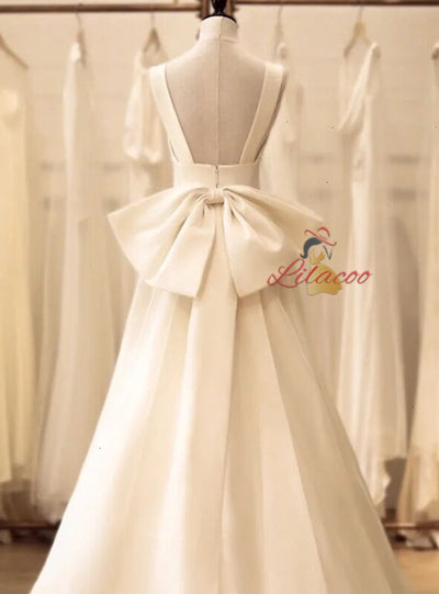 White Satin Hi Lo Bow Wedding Dress
