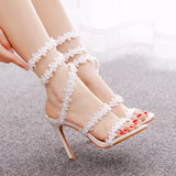 Fish Mouth White Flower High-heeled Sandals