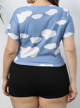 Rib Casual Navel Cloud Print Short T-shirt