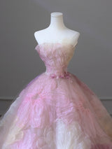 Pink Ball Gown Tulle Strapless Flower Prom Dress