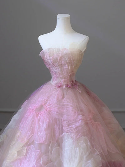 Pink Ball Gown Tulle Strapless Flower Prom Dress