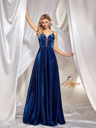 Blue V-neck Straps Split Prom Dress