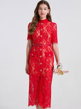 Lace Diamond Short Sleeve Round Neck Slim Dress