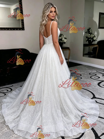 White Sequins Spaghetti Straps Wedding Dress