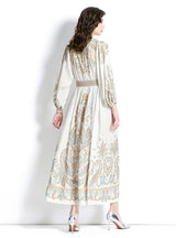 Retro Palace Style V-neck Lantern Sleeve Printed Dress