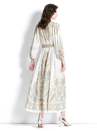 Retro Palace Style V-neck Lantern Sleeve Printed Dress