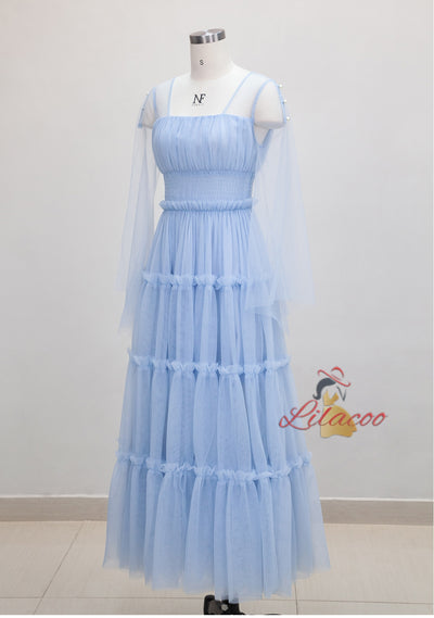 Retro Blue Square Collar Gauze Banquet Dress