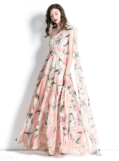 One-shoulder Holiday Printed Long Dress