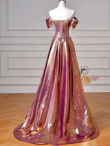 Pink Purple Off the Shoulder Beading Flower Prom Dress
