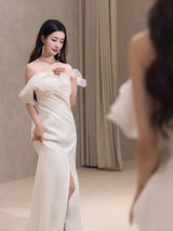 White Mermaid Pleats Split Wedding Dress