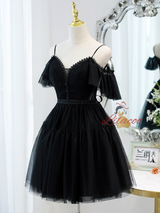Black Tulle Lace Button Homecoming Dress