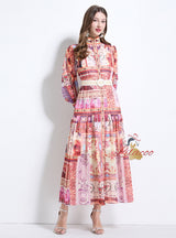 Palace Lantern Sleeve Buttoned Chiffon Printed Dress