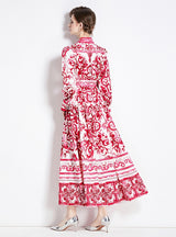 Stand-up Collar Breasted Slim Print Dress