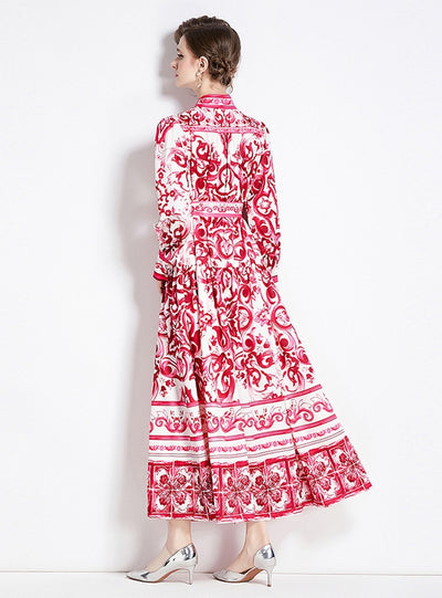 Stand-up Collar Breasted Slim Print Dress