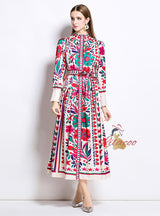 Retro Lapel Print Slim Long Sleeve Dress