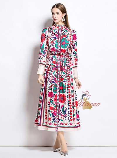 Retro Lapel Print Slim Long Sleeve Dress