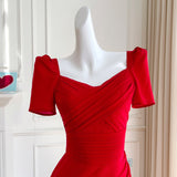 Red Sheath Short Sleeve Pleats Prom Dress