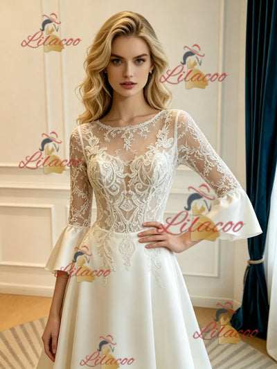 Ivory Satin Short Sleeve Lace Appliques Wedding Dress