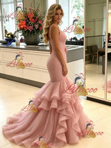 Pink Mermaid Straps Pleats Prom Dress