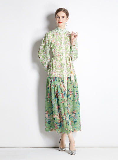 Long-sleeved Retro Lantern Sleeve Printed Dress