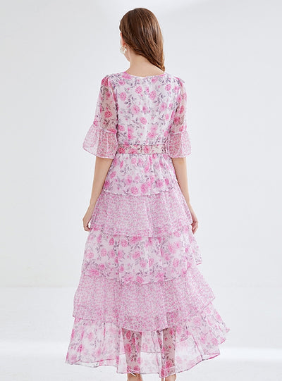 Lotus Leaf Cake Chiffon Floral Dress