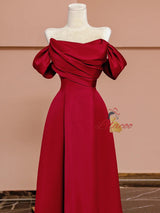 Burgundy Satin Pleats Prom Dress
