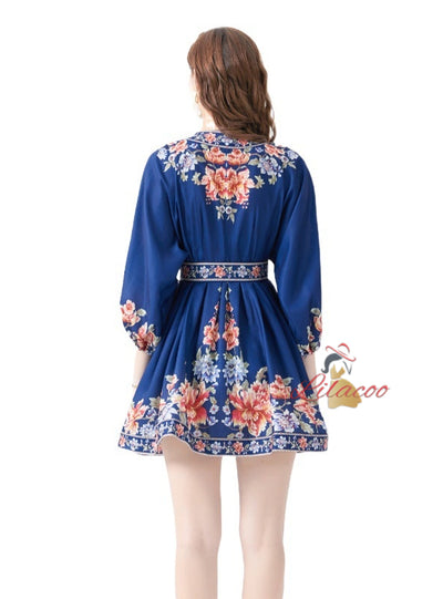Palace Wind Lantern Sleeve Printed Mini Dress