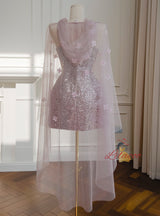 Silver Pink Sequins Straps Short Prom Dress