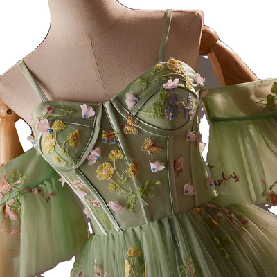Green Tulle Embroidery Straps Homecoming Dress