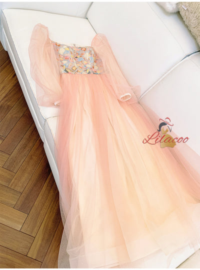 Orange Tulle Long Sleeve Sequins Prom Dress