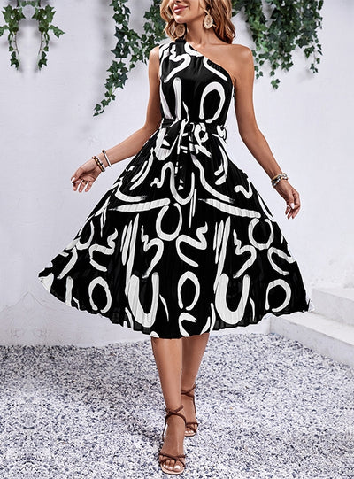 Letter Printed One Shoulder Dress