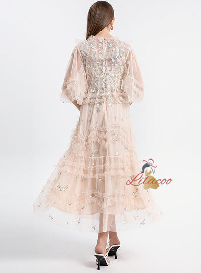 Heavy Industry Embroidery Flower Mesh Knee-length Dress