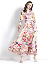 Retro Palace Style Lapel Long Sleeve Printed Dress
