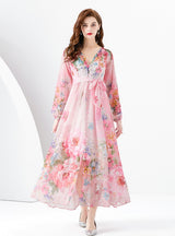 V-neck Lantern Sleeve Printed Dress