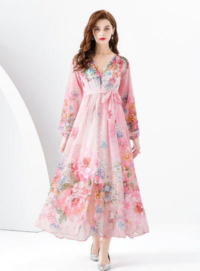 V-neck Lantern Sleeve Printed Dress