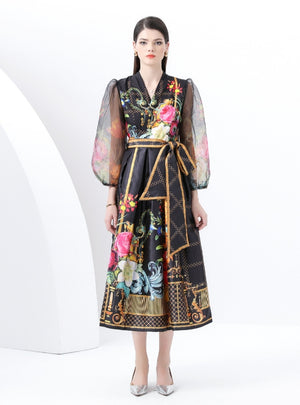 V-neck Lantern Sleeve Long Retro Print Dress