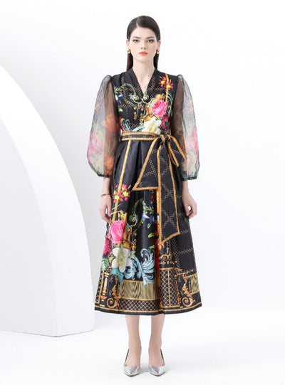 V-neck Lantern Sleeve Long Retro Print Dress