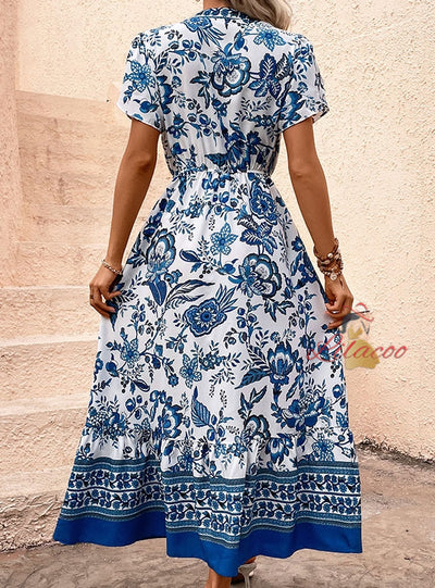 Casual Blue Retro Ethnic Print Dress