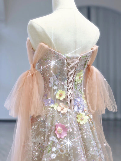 Champagne Tulle Sequins Strapless Appliques Prom Dress