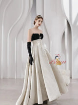 Silver Strapless Black Velvet Prom Dress