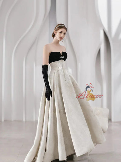 Silver Strapless Black Velvet Prom Dress