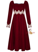 Burgundy Velvet Long Sleeve Lace Prom Dress