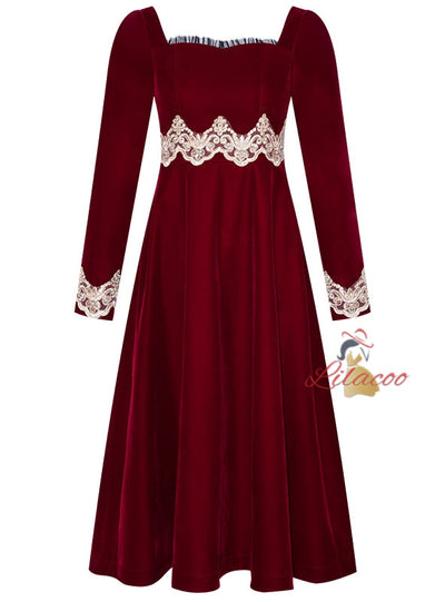 Burgundy Velvet Long Sleeve Lace Prom Dress