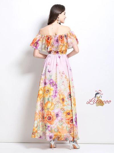 Off the Shoulder Printed Chiffon Dress