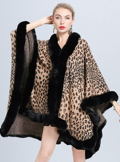 Leopard Jacquard Knit Cardigan Cloak Shawl
