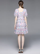 Square Neck Chiffon Floral Cake Dress