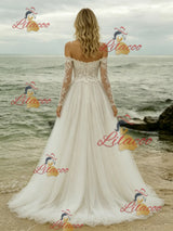Beige White Lace Long Sleeve Wedding Dress