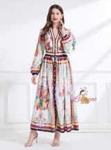 Vintage Palace V-neck Lantern Sleeve Printed Long Dress